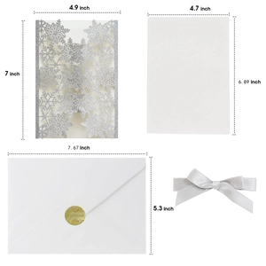 Silver laser-cut snowflake invitation set with envelope, ribbon and size specifications