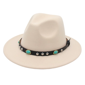 Detail of beige wool fedora hat with turquoise studs and black leather band