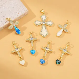 Gold-plated cross pendant necklaces with colorful opal and sparkling cubic zirconia stones