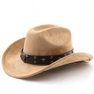 Macro detail of brown suede cowboy hat featuring leather band with metallic bull head studs