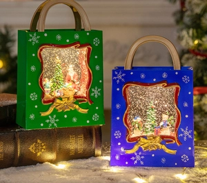 Detail showing Santa and snowman Christmas snow globes with glowing light and gold handles