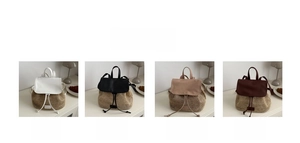 Collage of four color options for the woven straw backpack with drawstring closure
