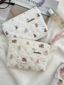 Quilted floral makeup bag set with cute bear patterns and zip wristlet straps