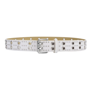 White punk style faux leather belt featuring dense metal rivets and double prong buckle
