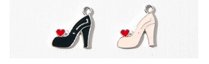 Detail view of high heel charms with red hearts in black and beige enamel finishes