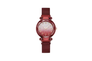 Detailed close-up of a burgundy starry dial watch with faceted glass and magnetic mesh band