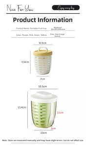 Size chart for portable oatmeal cup showing height and diameter specs with spoon
