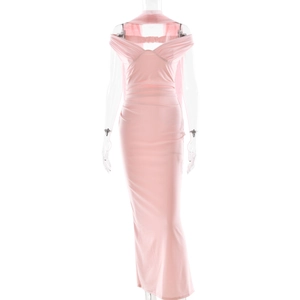 Detailed view of pink strapless evening gown with halter neck and mermaid hemline