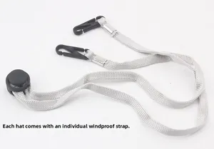 Close-up of adjustable light gray windproof strap with plastic hooks for sun hats