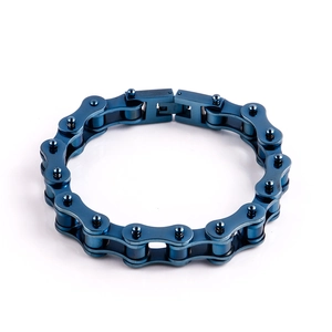 Industrial 316L stainless steel blue bicycle chain bracelet for men with polished finish