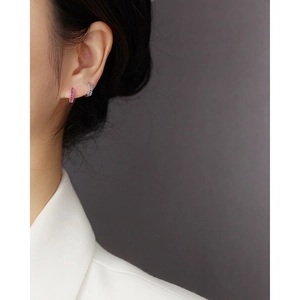 Detailed view of S925 silver hoop earrings with pink and purple rectangular zircons