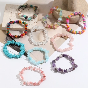 Elastic natural turquoise and colorful stone chip beads bracelet set for women