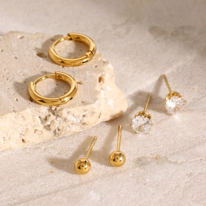 Three-set gold stainless steel earrings with hoops, zircon studs, and minimalist beads