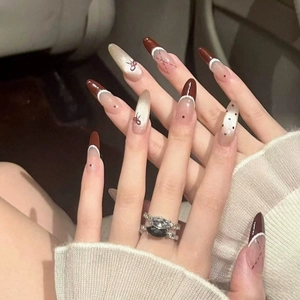 French Tip Press On Nails Long Almond Fake Nails With Bow Polka Dot Cat Eye Shimmer Elegant Manicure For Women