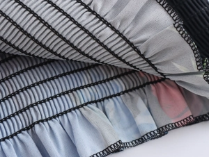 Detail of smocked elastic waistband with black stitching and blue floral print pattern