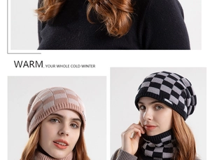 Close-up of knit beanie and neck warmer set with plaid pattern and warm fleece lining