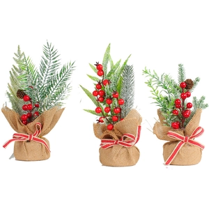 Set of 3 mini artificial pine needle Christmas trees with burlap sacks and red berries
