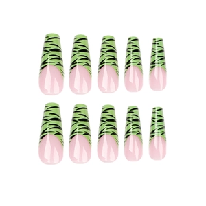 Long ballerina press-on nails with green French tips and black zebra stripe pattern