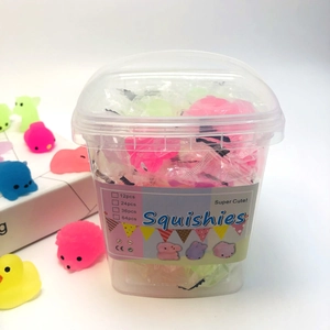Glow in the dark TPR squishy animal toys set in a transparent storage bucket