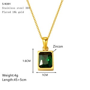 Detailed specs of green zircon rectangle pendant necklace in 18K gold plated steel