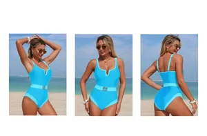 Three views of a blue one-piece swimsuit featuring a V-neck and a matching gold buckle belt