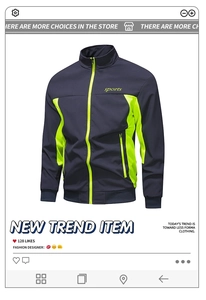 Dettaglio giacca sportiva antivento con collo alto, inserti color-block e tasca con zip