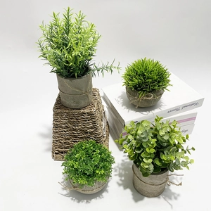 Artificial Potted Plants Greenery Plastic Leaves Cement Pots With Hemp Rope Desktop Decor Realistic Modern Faux Green Plants