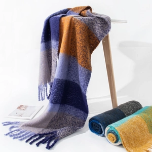 Soft Plaid Tassel Scarf For Women Polyester Mohair Feel Check Striped Autumn Winter Warm Shawl Wrap Fashion Commute Accessory