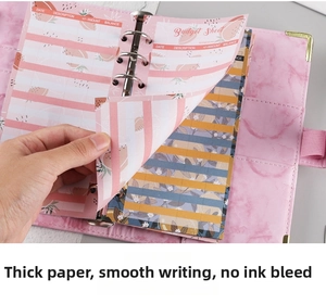 Detail of pink marble A6 binder showing thick paper and smooth writing budget sheets