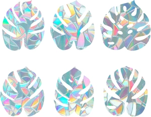 Detailed holographic rainbow prism static window film in monstera leaf shapes