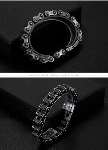 Detail of vintage stainless steel motorcycle chain bracelet with industrial punk finish