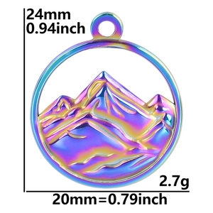 Macro detail of rainbow 18K stainless steel mountain pendant with dimension measurements