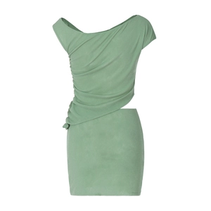 Detail of light green ruched mini dress with cut-out shoulder and slimming fit texture