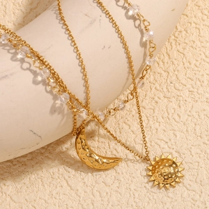 Triple Layered Necklace With Sun Moon Pendants Stainless Steel Gold Plated Beaded Chain Vintage Fashion For Women