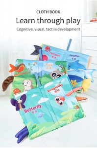 Stack of baby soft cloth books with 3D animal tails and hanging loops for early learning