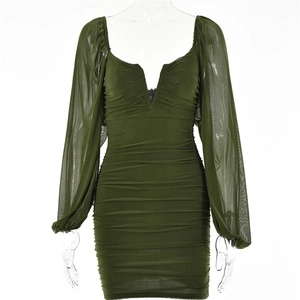 Elegant green deep V-neck mini dress with long mesh puff sleeves and ruched texture details