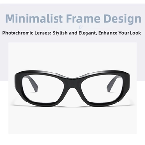 Detail view of cat eye black frames with photochromic lenses for blue light blocking