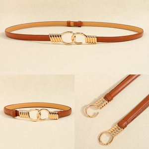 Detailed view of adjustable brown leather waist belt with elegant gold metal buckle closure