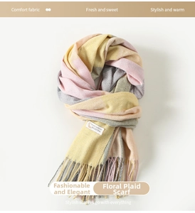Close-up of soft pastel plaid scarf featuring textured knit fabric and fine fringe trim