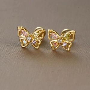 Goldene Schmetterling Ohrstecker mit bunten Zirkoniasteinen und Schraubverschluss
