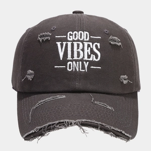 Distressed dark grey cotton baseball cap featuring GOOD VIBES ONLY embroidery and worn details
