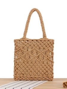 Woven Handbag Cotton Rope Macrame Hollow Out Beach Vacation Bohemian Style Women Solid Color Tote Bag With Canvas Lining