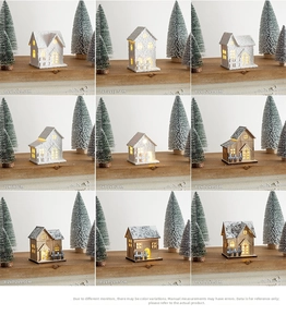 Detail showing 9 styles of wooden LED Christmas village houses with snowy roof designs