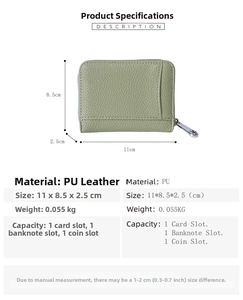 Detail view of Japanese style green PU leather coin purse with size specs and dimensions