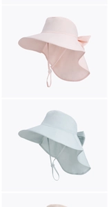 Detail showing wide brim sun hat with neck protection flap and adjustable chin strap
