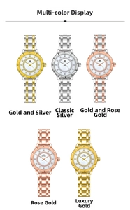 Five elegant women's quartz watches in gold, silver, and rose gold with diamond bezels