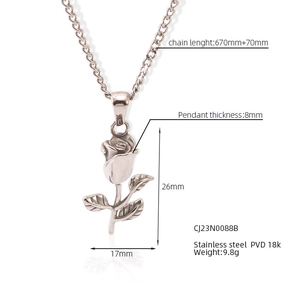 Detailed technical diagram showing dimensions and thickness of the rose pendant necklace
