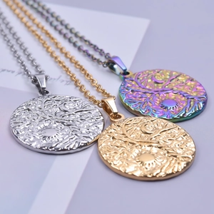 Three 18K gold plated stainless steel Tree of Life necklaces in silver, gold and rainbow