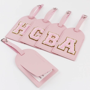 Pink PU leather luggage tags with gold sequined chenille patches and privacy cover