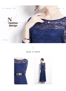 Dettagli dell'abito in pizzo blu scuro con scollatura e cintura con fibbia dorata
